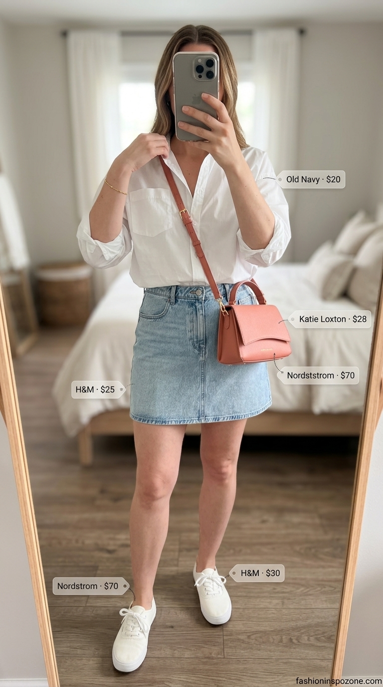 Casual Summer Barbiecore Outfits for Women 2026: White oversized shirt, coral bag, denim mini skirt, white sneakers.