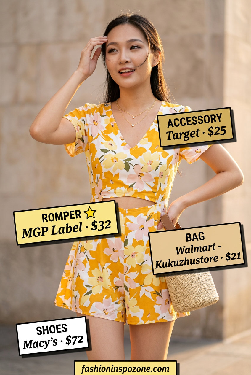 Fun Summer Barbiecore Outfits for Women 2026: Floral romper, white espadrilles, straw bucket bag, layered necklaces.