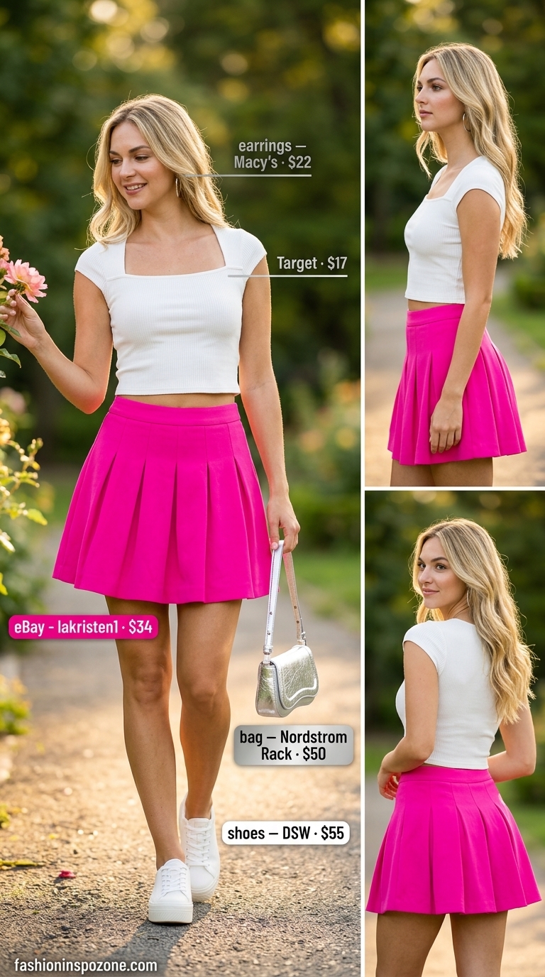 Summer Barbiecore Outfits 2026: Hot pink mini skirt, white crop top, white platform sneakers for picnic.