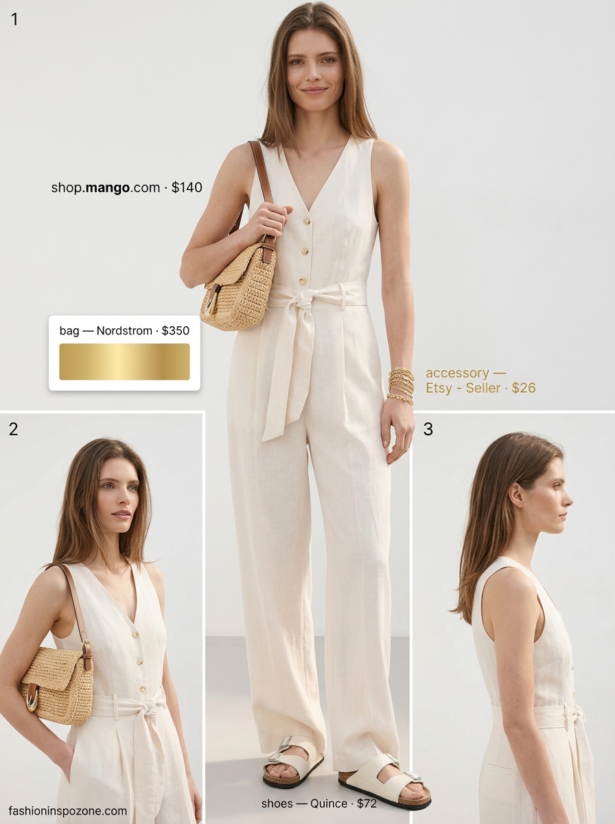 Summer Barbiecore Outfits for Women 2026: Beige linen jumpsuit with gold bracelet and leather sandals for casual elegance.