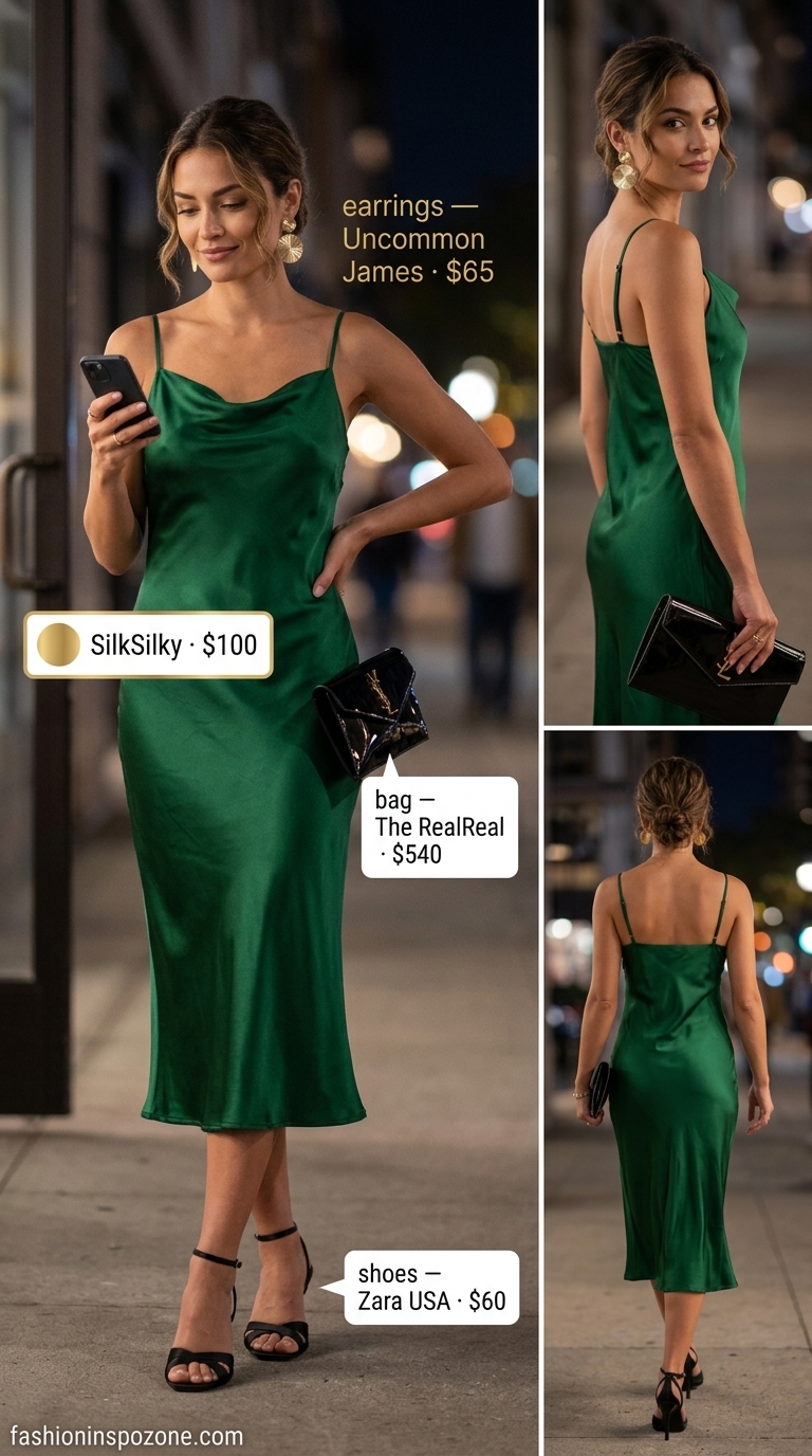 Summer Barbiecore Outfits for Women 2026: Emerald green satin slip dress with gold earrings for an elegant evening event.