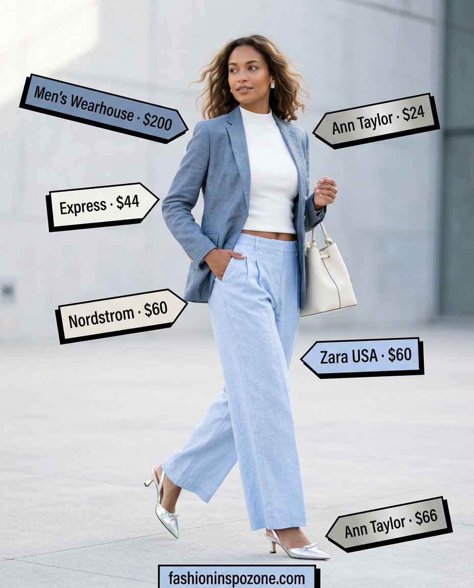 Summer Barbiecore Outfits for Women 2026: Powder blue linen suit with white top and silver pumps for business casual.