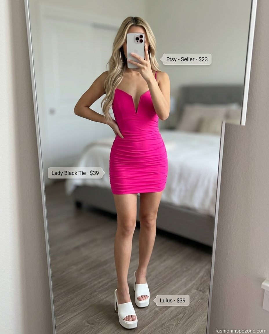 Glamorous Summer Barbiecore Outfits for Women 2026: Hot pink mini dress, white platform sandals, silver bag.