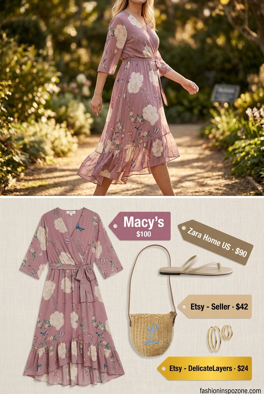 Summer Barbiecore Outfits for Women 2026: Pastel floral midi wrap dress with straw bag and gold hoops for garden party.