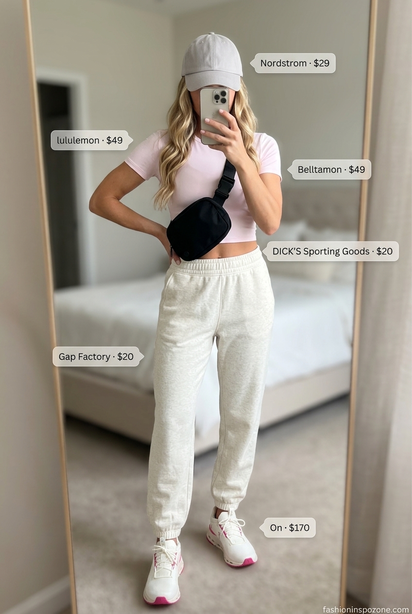Sporty Summer Barbiecore Outfits for Women 2026: Grey joggers, light pink crop top, white sneakers, belt bag.