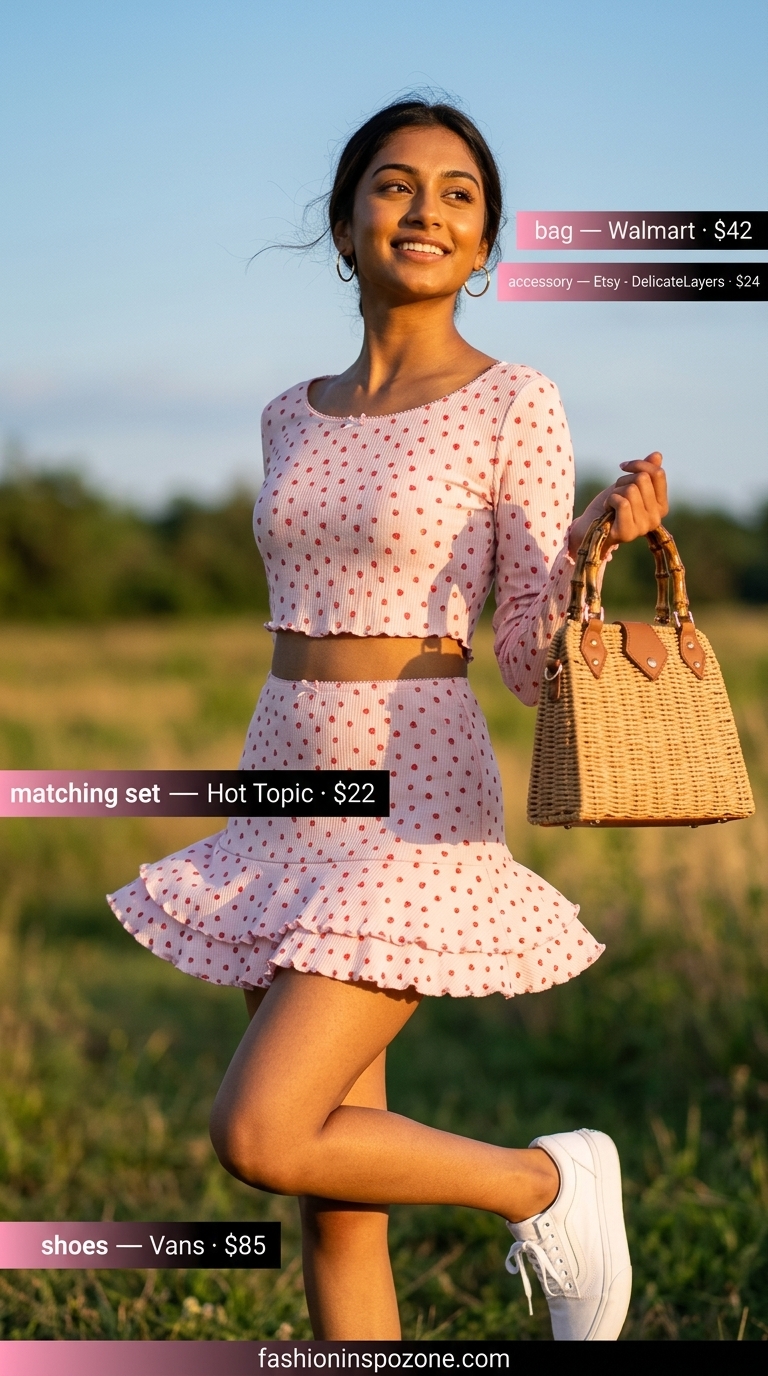 Summer Barbiecore Outfits 2026: Strawberry print co-ord set, white sneakers, straw bag for picnic.