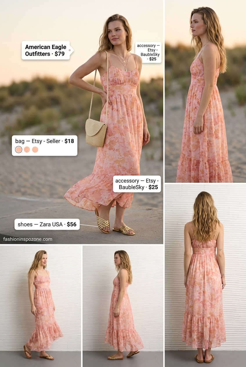 Romantic Summer Barbiecore Outfits for Women 2026: Peach maxi dress, gold sandals, straw bag, layered necklaces.