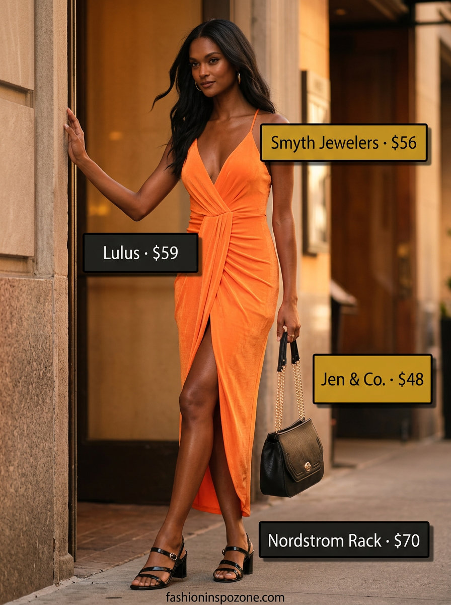 Summer Barbiecore Outfits for Women 2026: Sunset orange midi dress with black sandals and gold hoops for date night.