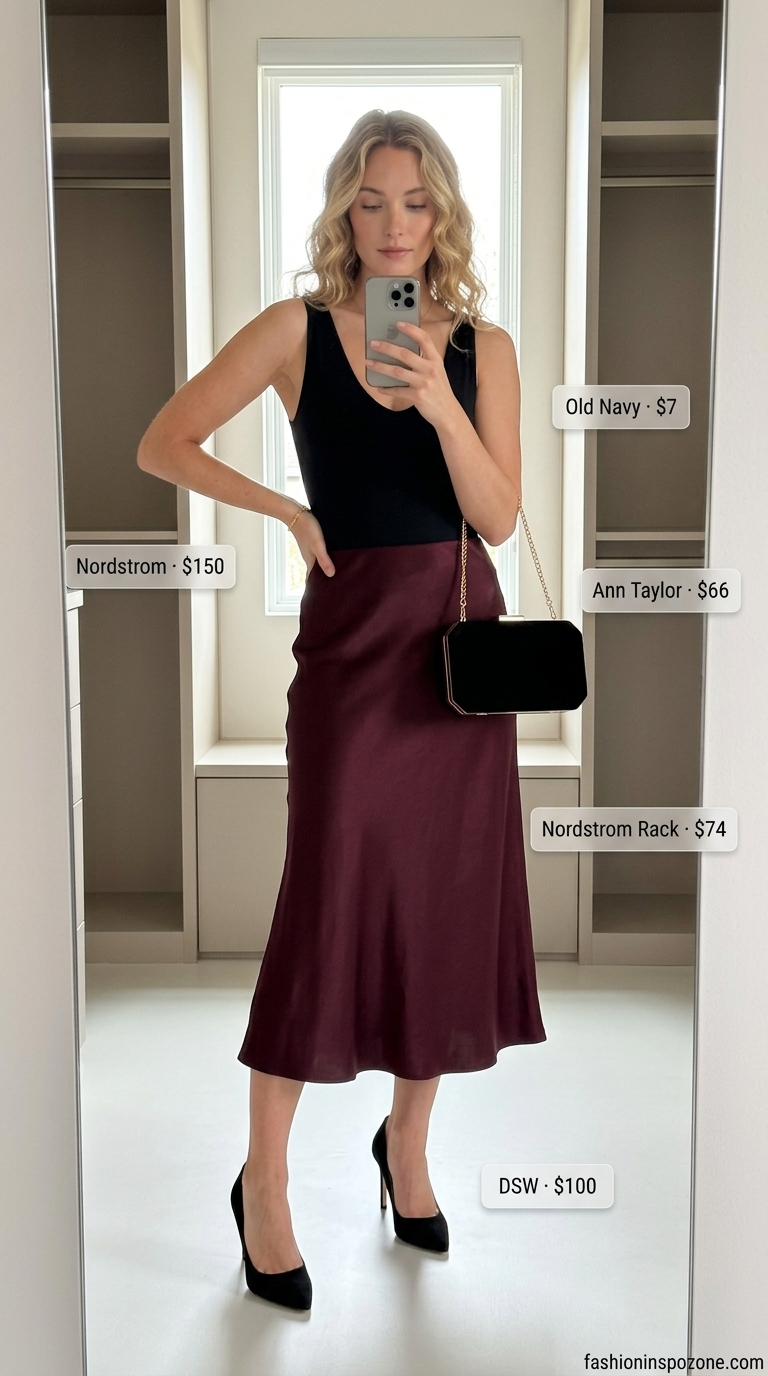 Summer Barbiecore Outfits for Women 2026: Burgundy satin midi skirt with black bodysuit and heels for a cocktail party.