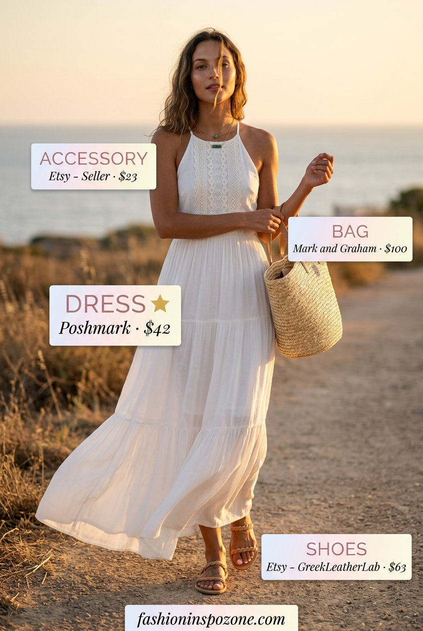 Summer Barbiecore Outfits 2026: White maxi dress, leather sandals, straw tote for beach evening.