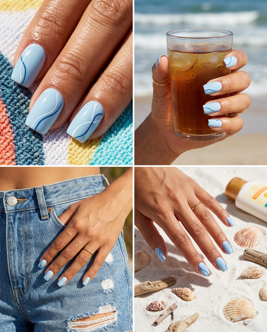 Abstract Blue Lines nails: minimalist pale blue with black/white art for summer classy nails 2026. Artistic.