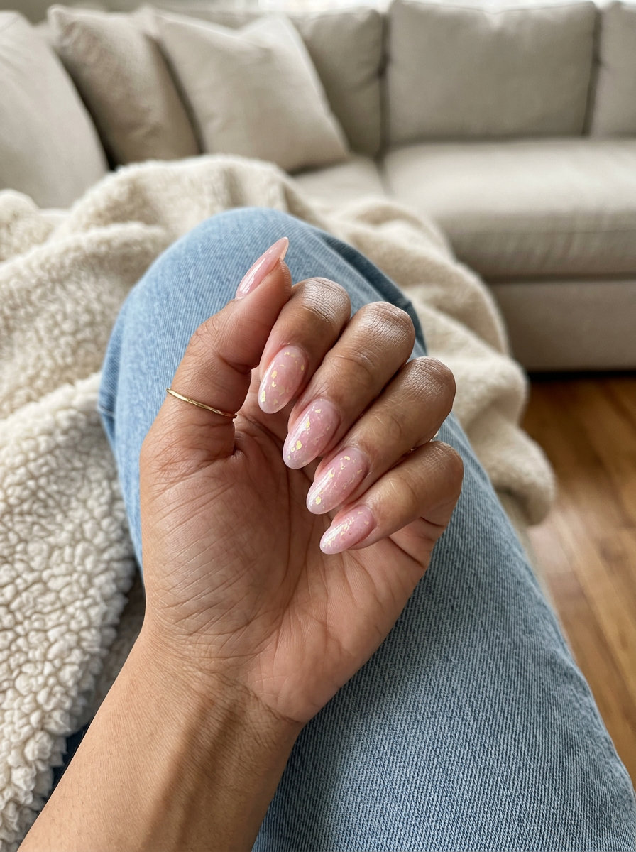 Iridescent Pink Foil Dream nails: ethereal jelly pink with foil for summer classy nails 2026. Romantic.