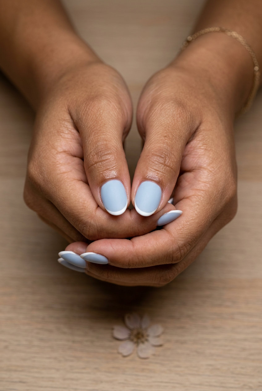 Matte Sky Blue French nails: sophisticated pale blue with white tip for summer classy nails 2026. Work-ready.