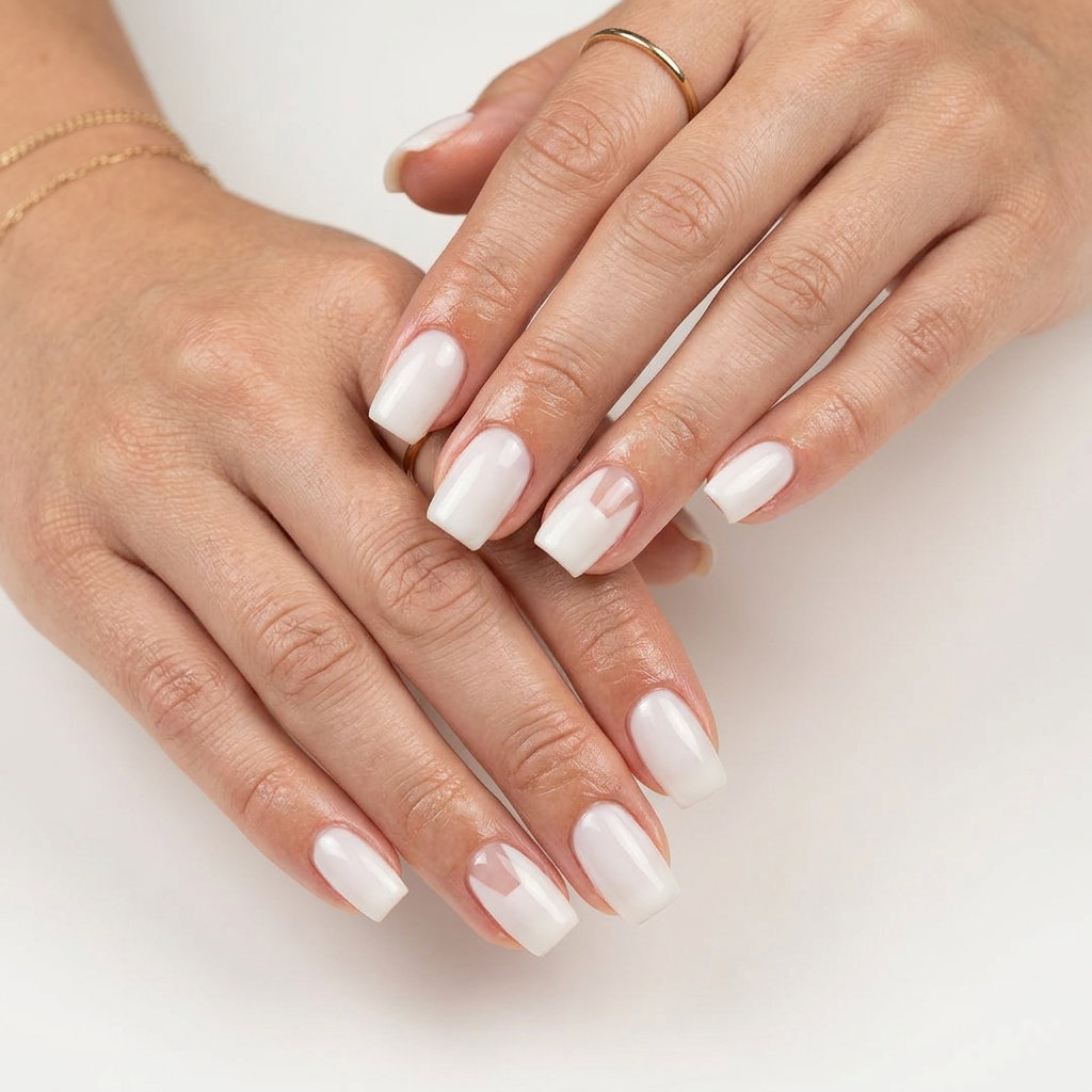 Milky White Geometric Negative Space nails for summer classy nails 2026. Modern and sophisticated.