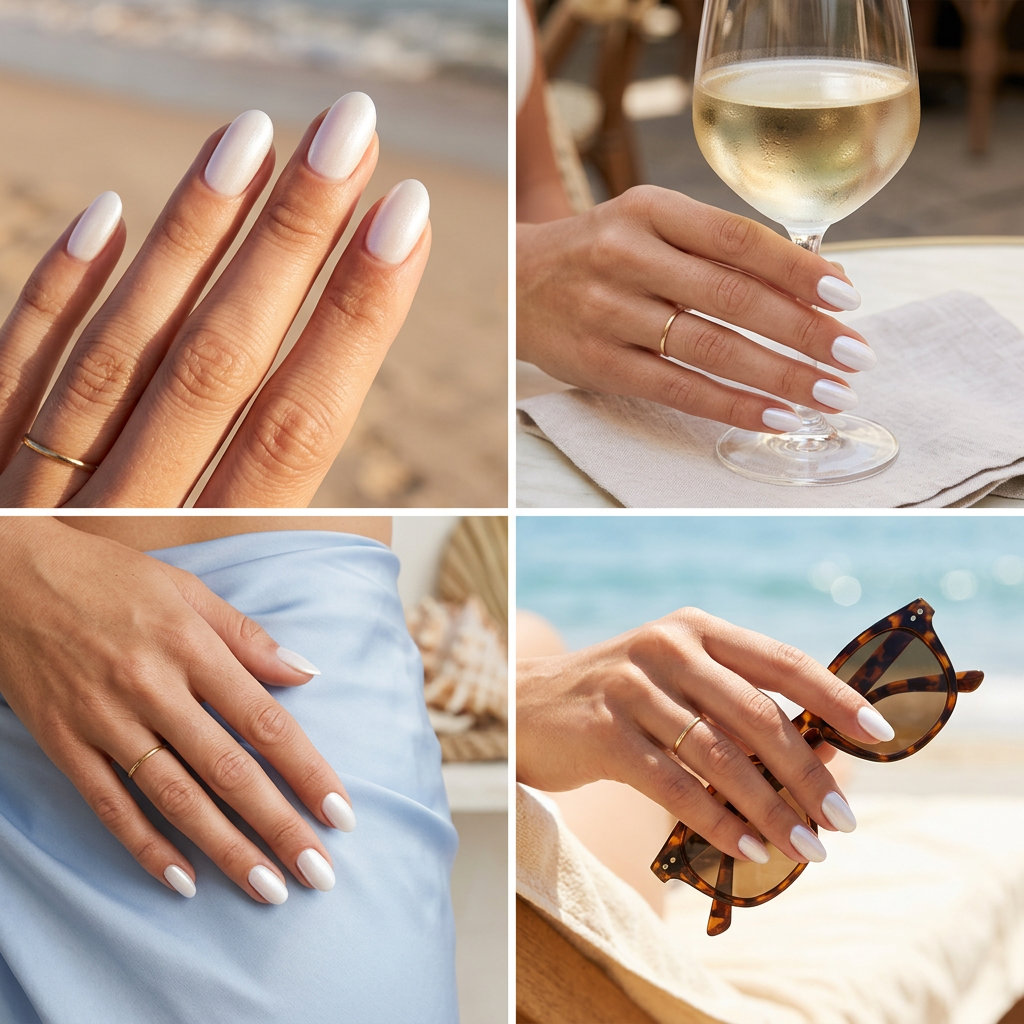 Pearlescent Milky Dream Almond nails: ethereal shimmer for summer classy nails 2026. Wedding guest ready.