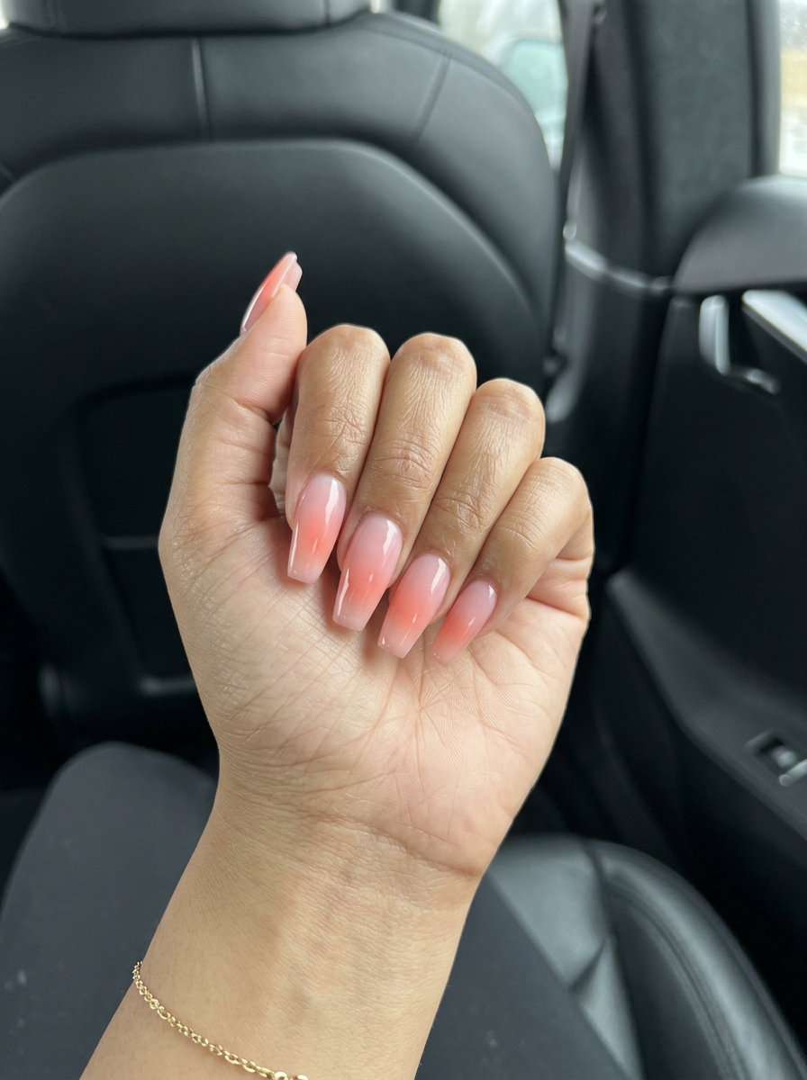 Soft Pink Aura Bloom nails: sheer pink with coral aura for summer classy nails 2026. Perfect for vacation.