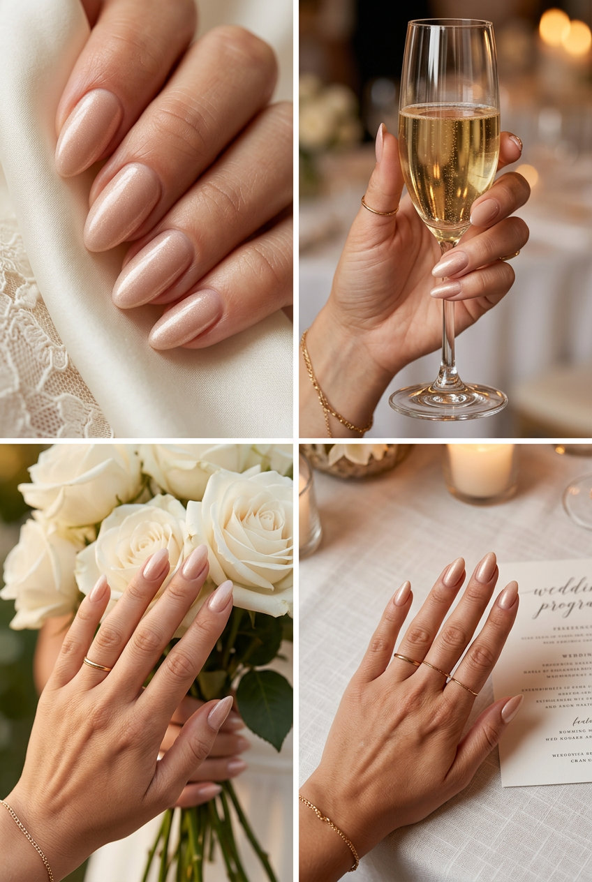 Summer classy nails 2026: Sophisticated nude with subtle shimmer on almond nails for office chic.