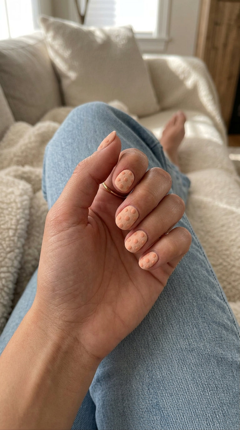 Summer classy nails 2026: Textured peach polka dots on medium square nails for casual weekend.