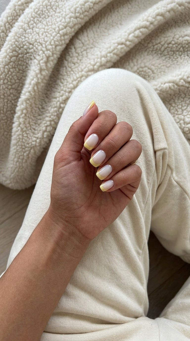 Butter Yellow Jelly French Nails 2026 Butter Yellow Jelly French nails for summer 2026. Sheer milky white base with translucent butter yellow jelly tips.
