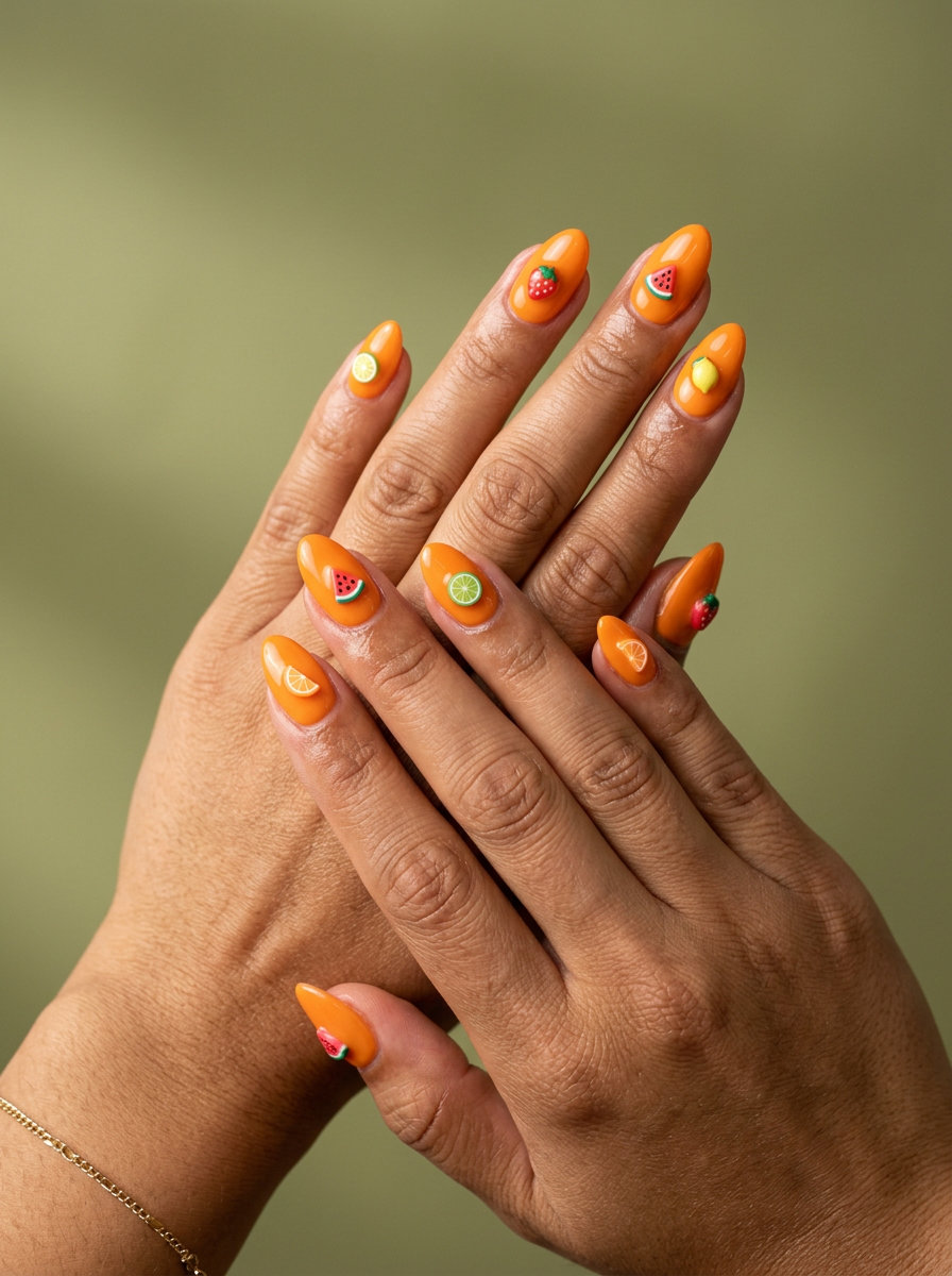 Coral Fruit Charm Nails 2026: Tropical Summer Fun Coral fruit charm nails for summer colorful nails designs 2026. Playful tropical theme with tiny charms.