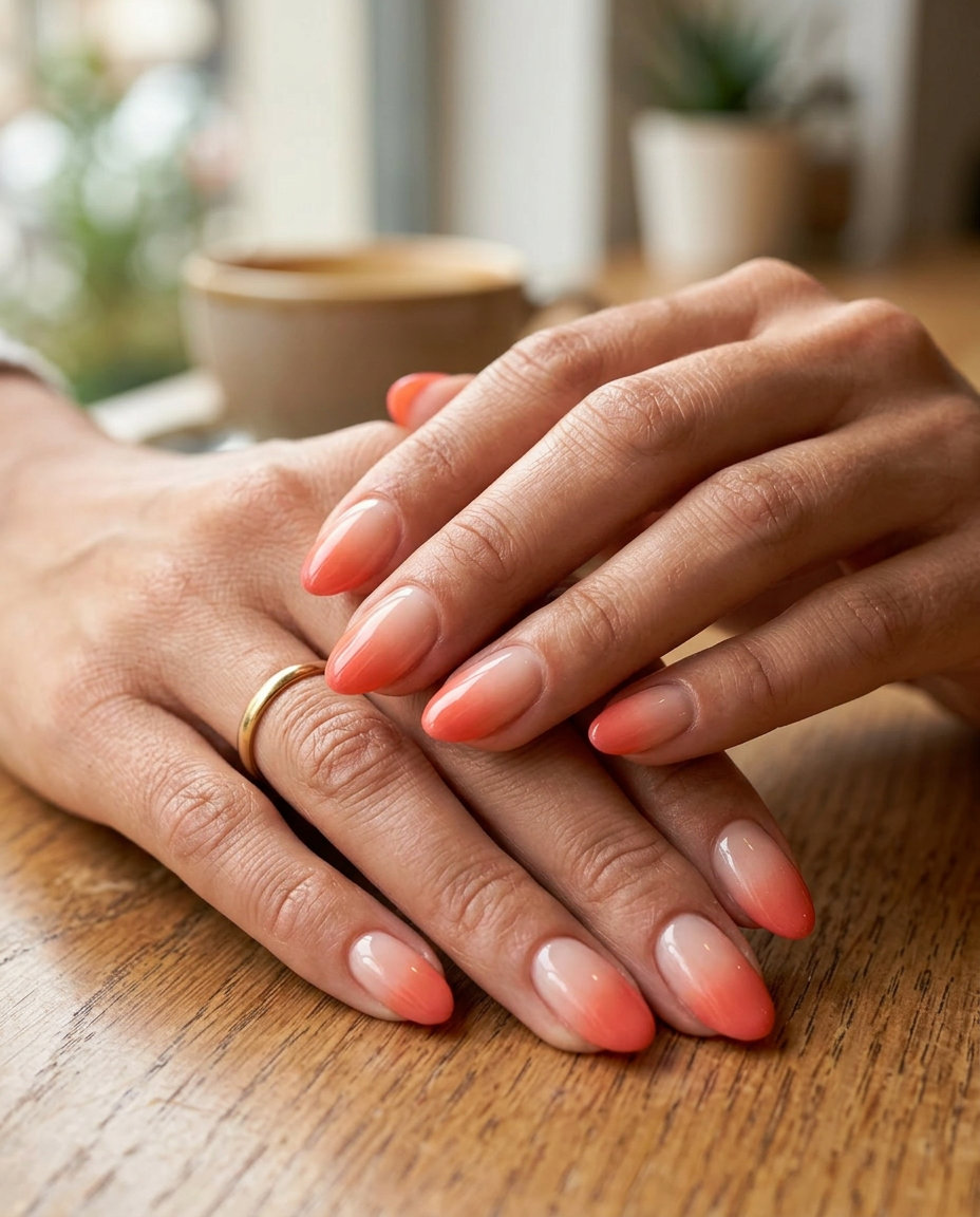 Coral Sunset Gradient French Tips 2026: Romantic & Warm Romantic coral sunset gradient French tip nails for summer colorful nails designs 2026.