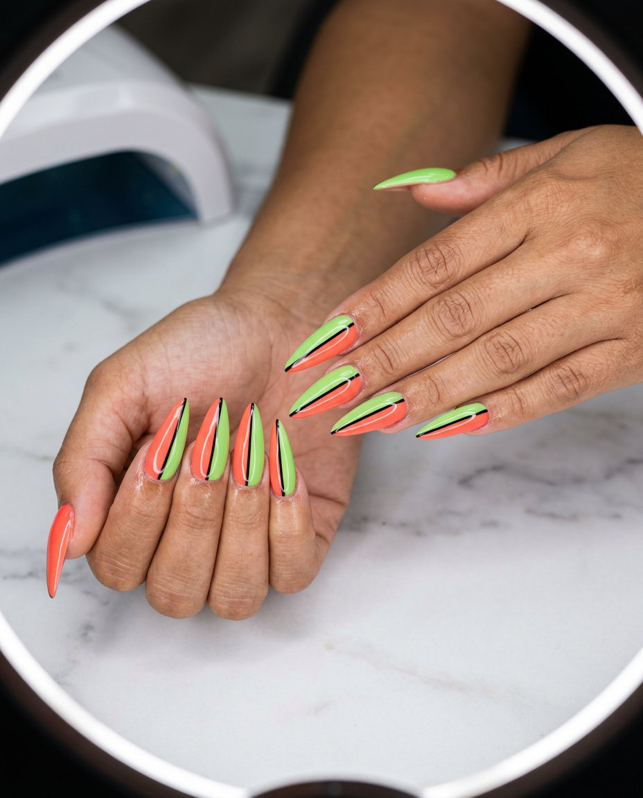 Coral and lime green color block nails for summer colorful nails designs 2026. Bold festival style.