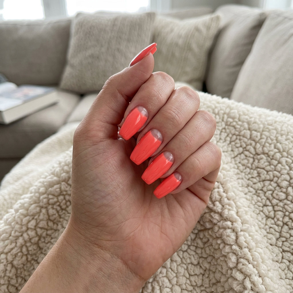 Coral Sunset Reverse French Nails 2026: Sophisticated Party Coral sunset reverse French nails for summer colorful nails designs 2026. Sophisticated outdoor party look.