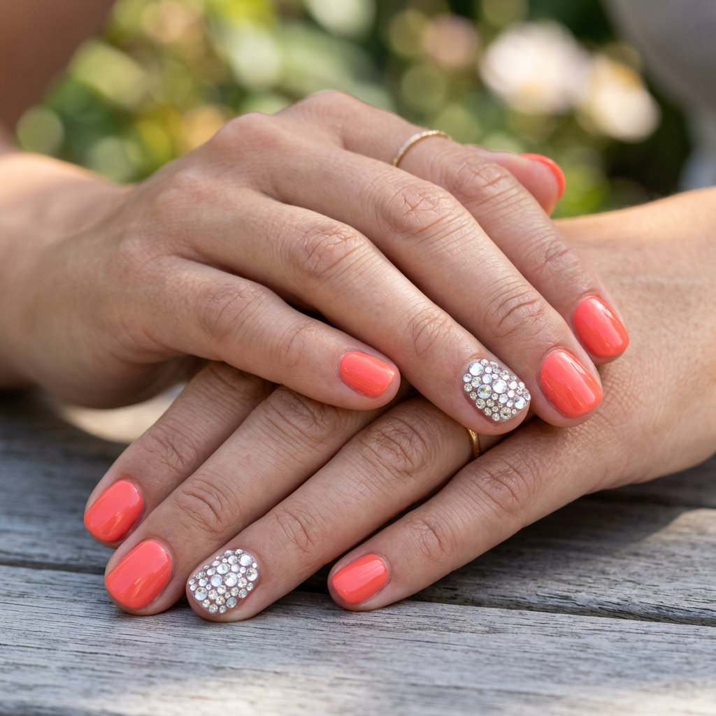 Coral Rhinestone Nails 2026: Glamorous & Festive Glamorous vivid coral nails with rhinestone sparkle for summer colorful nails designs 2026.