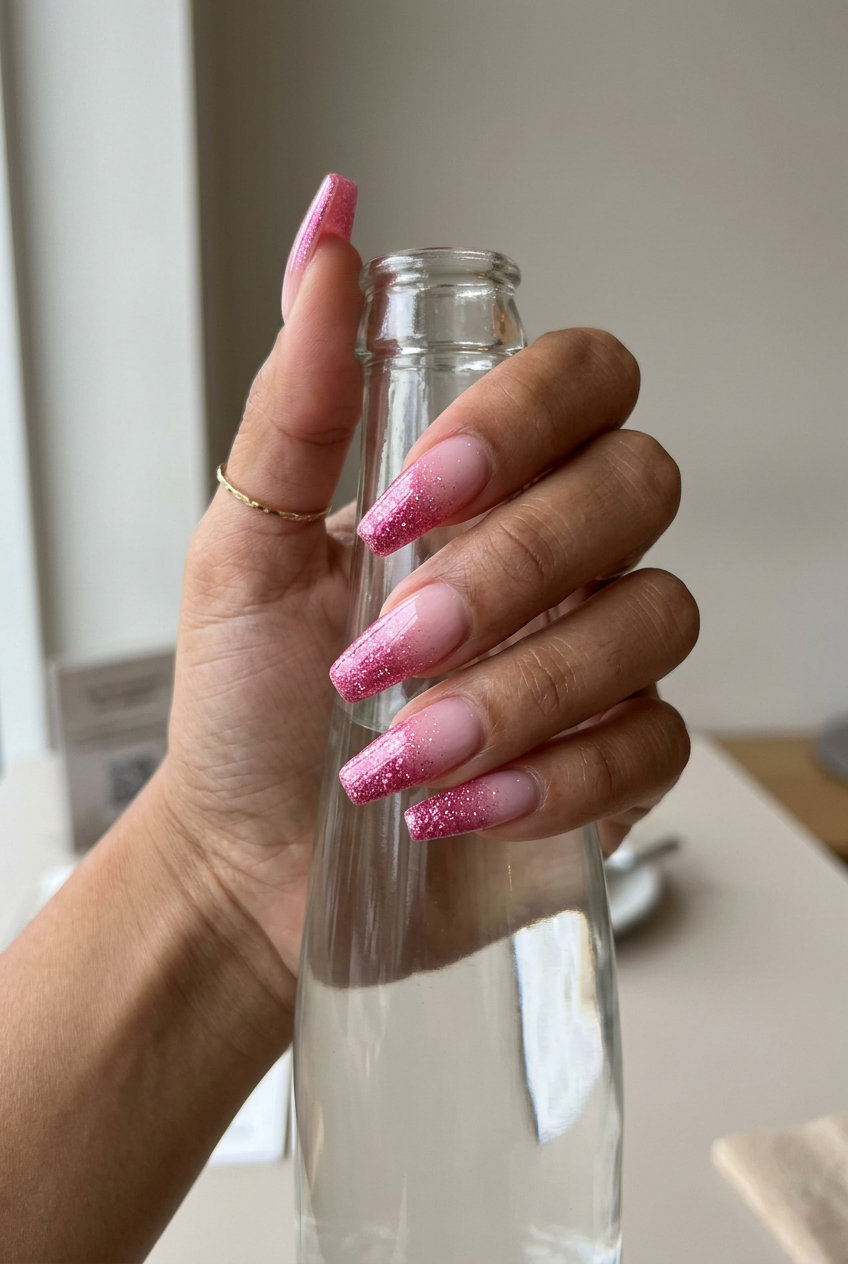Hot Pink Glitter Ombre Nails 2026: Wedding Guest Glam Hot pink glitter ombre nails for summer colorful nails designs 2026. Sheer pink to glitter gradient on oval nails.