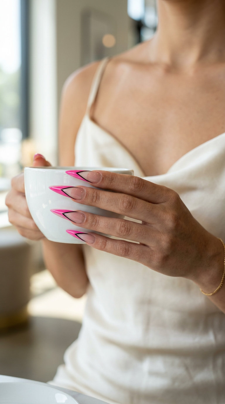 Hot Pink Negative Space Lines 2026: Edgy Party Look Hot pink negative space lines nails for summer colorful nails designs 2026. Edgy modern party style.