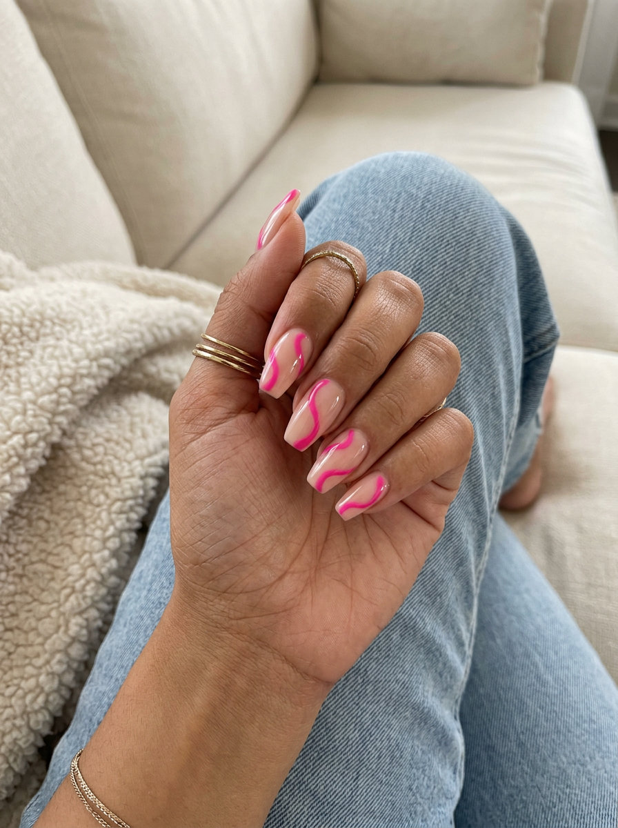 Hot Pink Swirl Nails 2026: Chic & Artistic Chic hot pink abstract swirl nails on a semi-sheer nude base, perfect for summer colorful nails designs 2026.