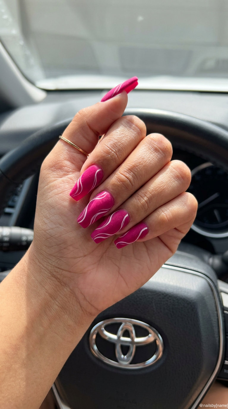 Hot Pink Velvet Swirls Nails 2026 Hot Pink Velvet Swirls nails: deep hot pink matte velvet with white abstract swirls for date night summer colorful nails designs 2026.