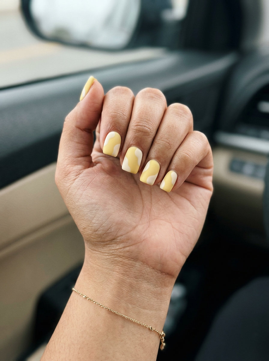 Matte Butter Yellow Abstract Nails 2026 Matte Butter Yellow Abstract nails for summer 2026. Chic, minimalist design with cream white shapes.
