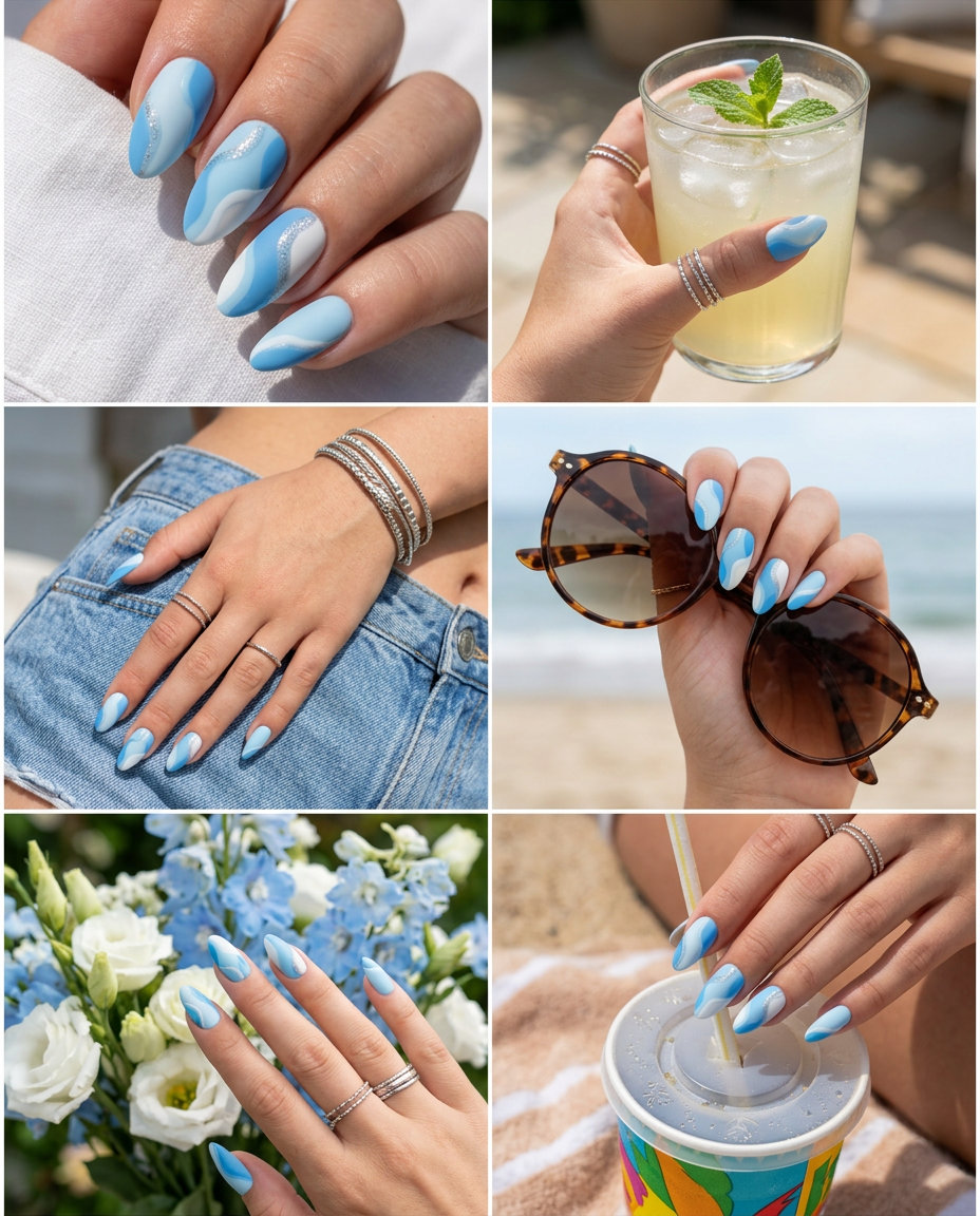 Sky Blue Abstract Canvas Nails 2026 Sky Blue Abstract Canvas nails for summer 2026. Artistic, bold design with white and silver accents.