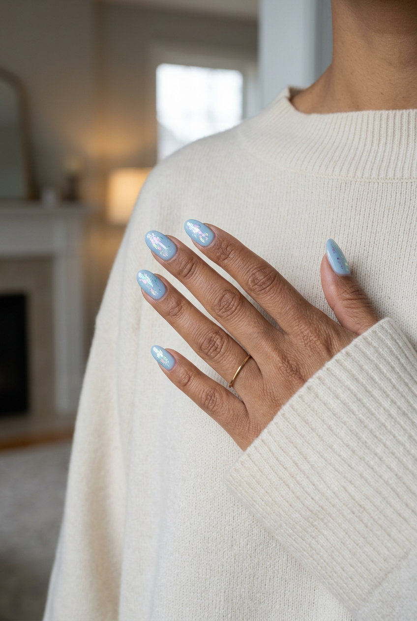 Sky Blue Foil Shimmer Nails 2026: Ethereal Casual Style Sky blue foil shimmer nails for summer colorful nails designs 2026. Ethereal and shimmery casual look.