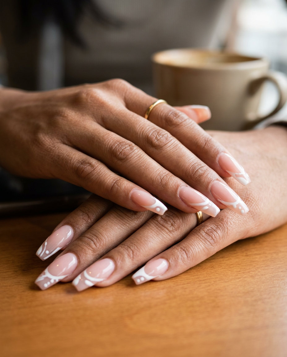 Sophisticated summer french tip nails 2026: Opaque white abstract art on sheer nude base. Modern, artistic.