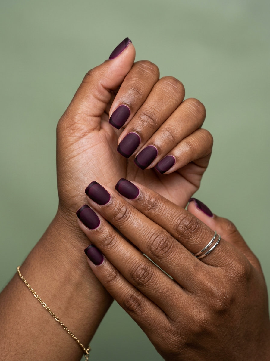 Sultry blackberry velvet matte French tip nails for summer 2026 evening outs and date nights.