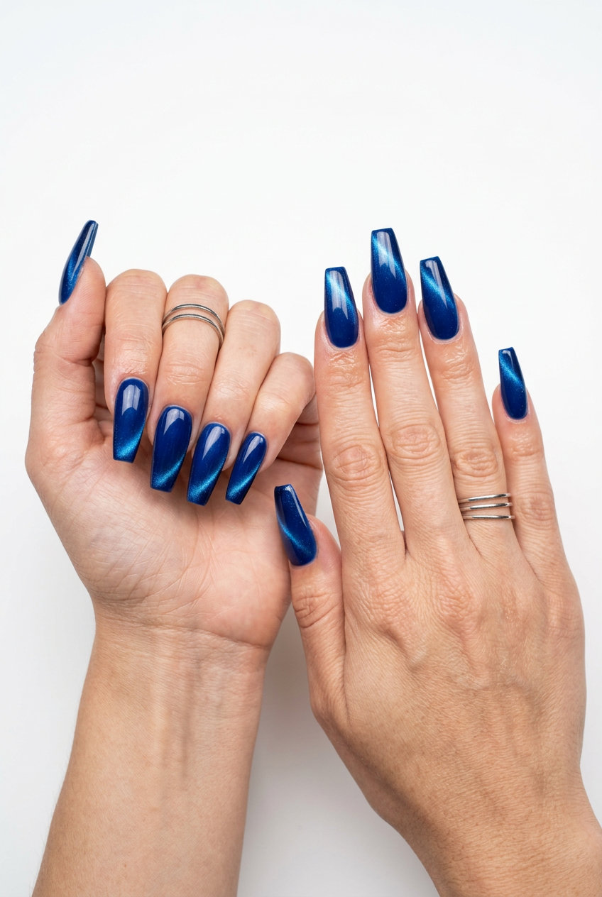 Bold summer french tip nails 2026: Electric blue cat-eye shift on stiletto tips. Sultry, party-ready.