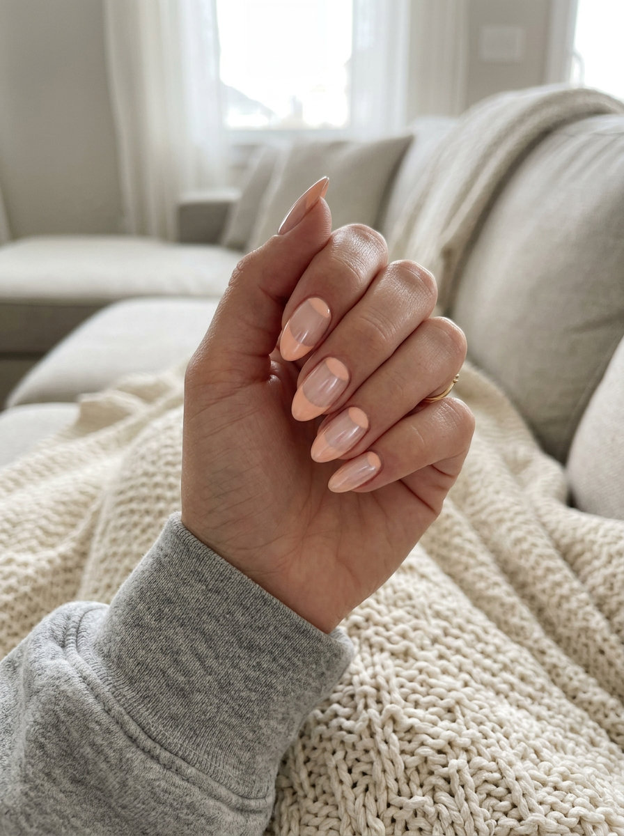 Elegant summer french tip nails 2026: Glazed peach fuzz reverse French. Romantic, dewy, sophisticated.