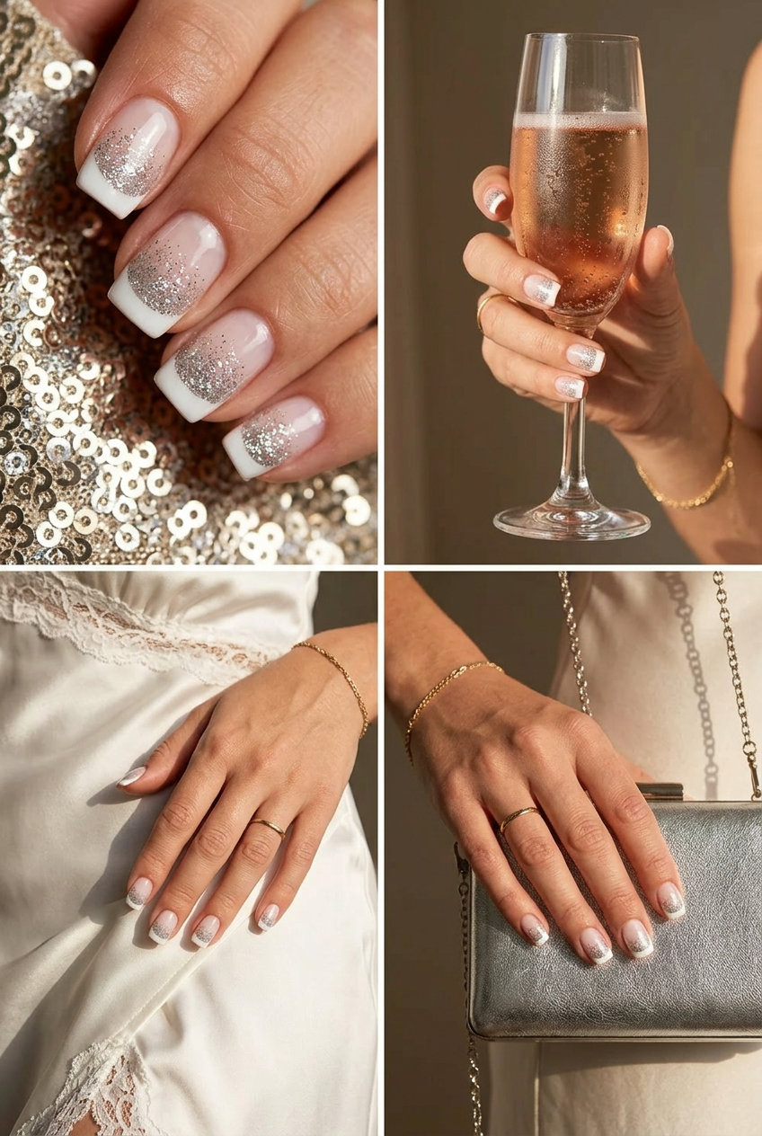 Sparkly summer french tip nails 2026: Silver glitter fade on white tips. Glamorous, party-ready.