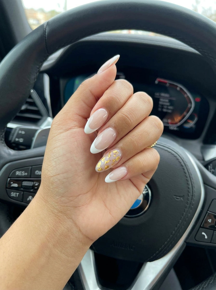 Glamorous summer french tip nails 2026: Gold foil flakes on white tips over nude. Elegant, party-perfect.
