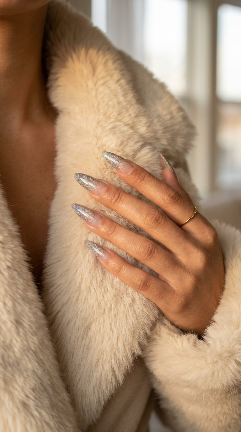 Sparkling summer french tip nails 2026: Holographic glitter gradient on square tips. Festive, party-ready.