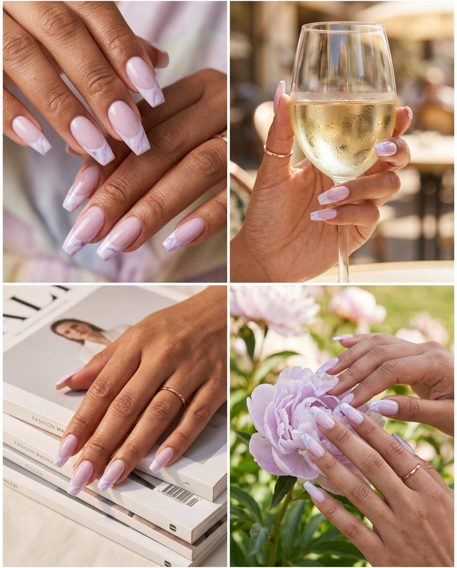 Sophisticated lavender marble French tip nails for summer 2026 formal events. Elegant coffin shape.