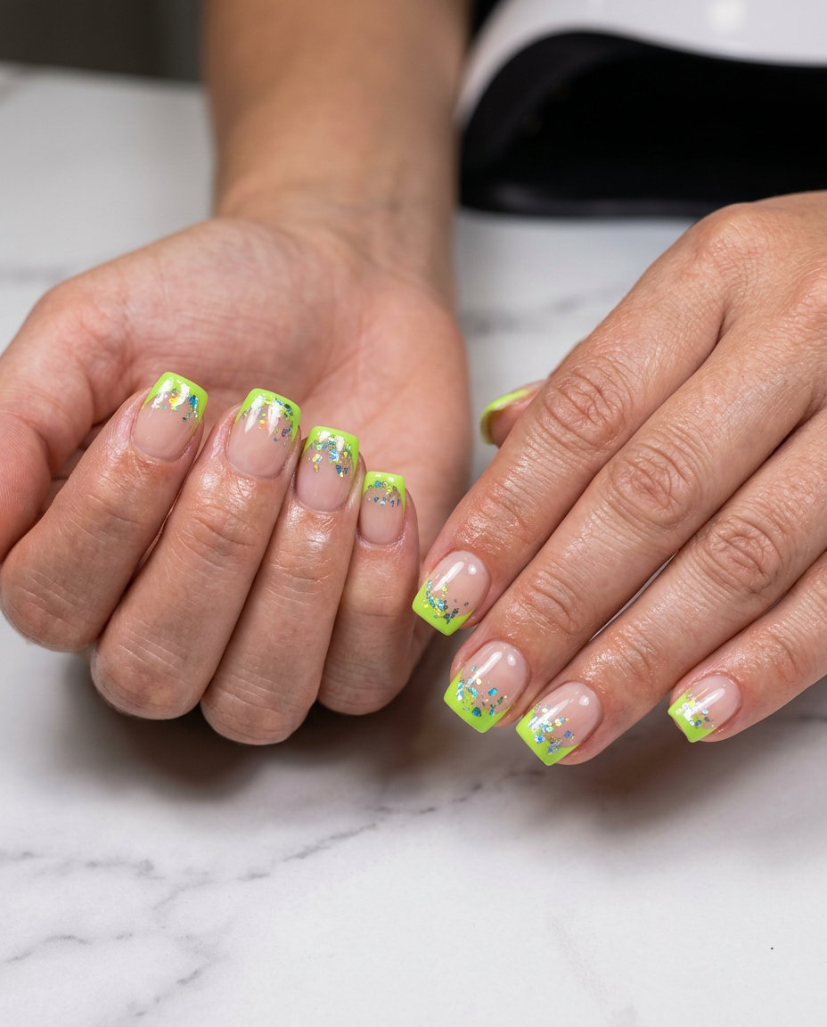 Fun lime green foil flake French tip nails for summer 2026 festivals and parties.