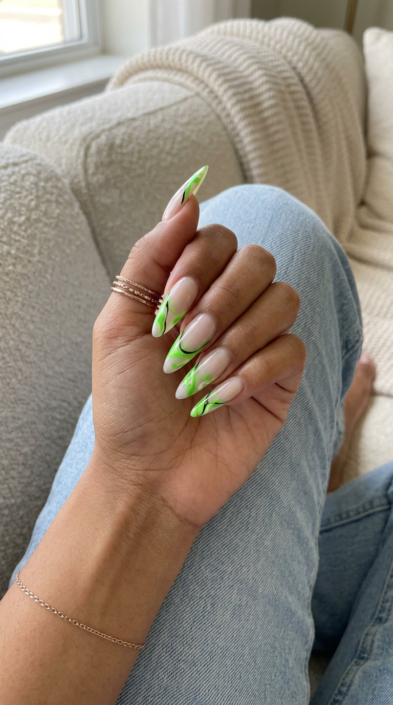 Edgy abstract lime green swirl French tip nails for summer 2026 festivals and parties.
