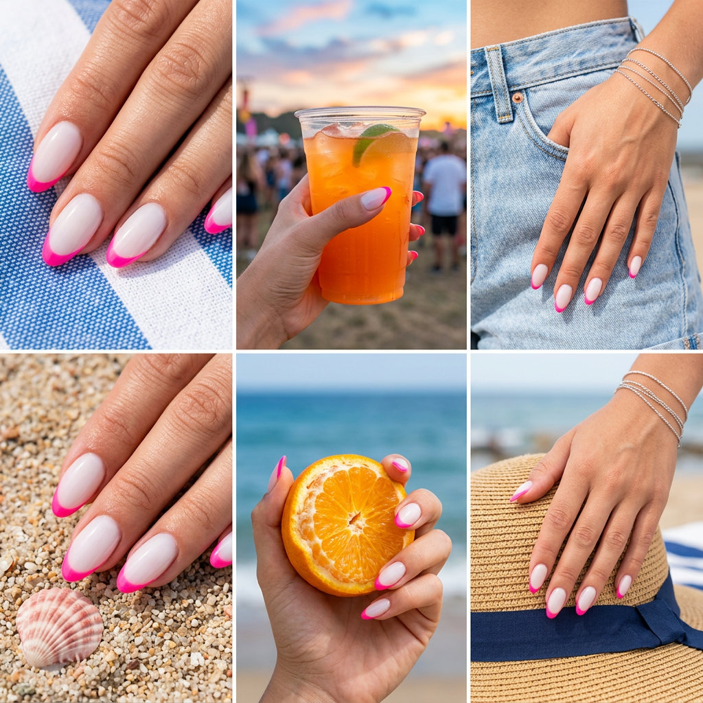 Neon pink micro French tip nails with a sheer nude base for summer french tip nails 2026. Perfect for vacation.