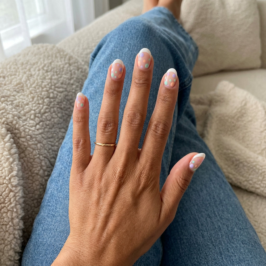 Bright summer french tip nails 2026: White tips with pastel dots on sheer nude. Playful, vacation-ready.