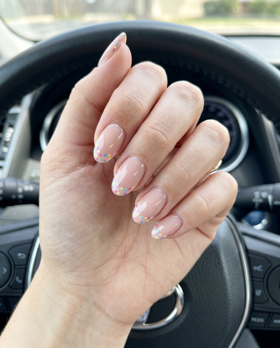Playful summer french tip nails 2026: Pastel dots scattered on sheer nude base. Fun, whimsical, youthful.