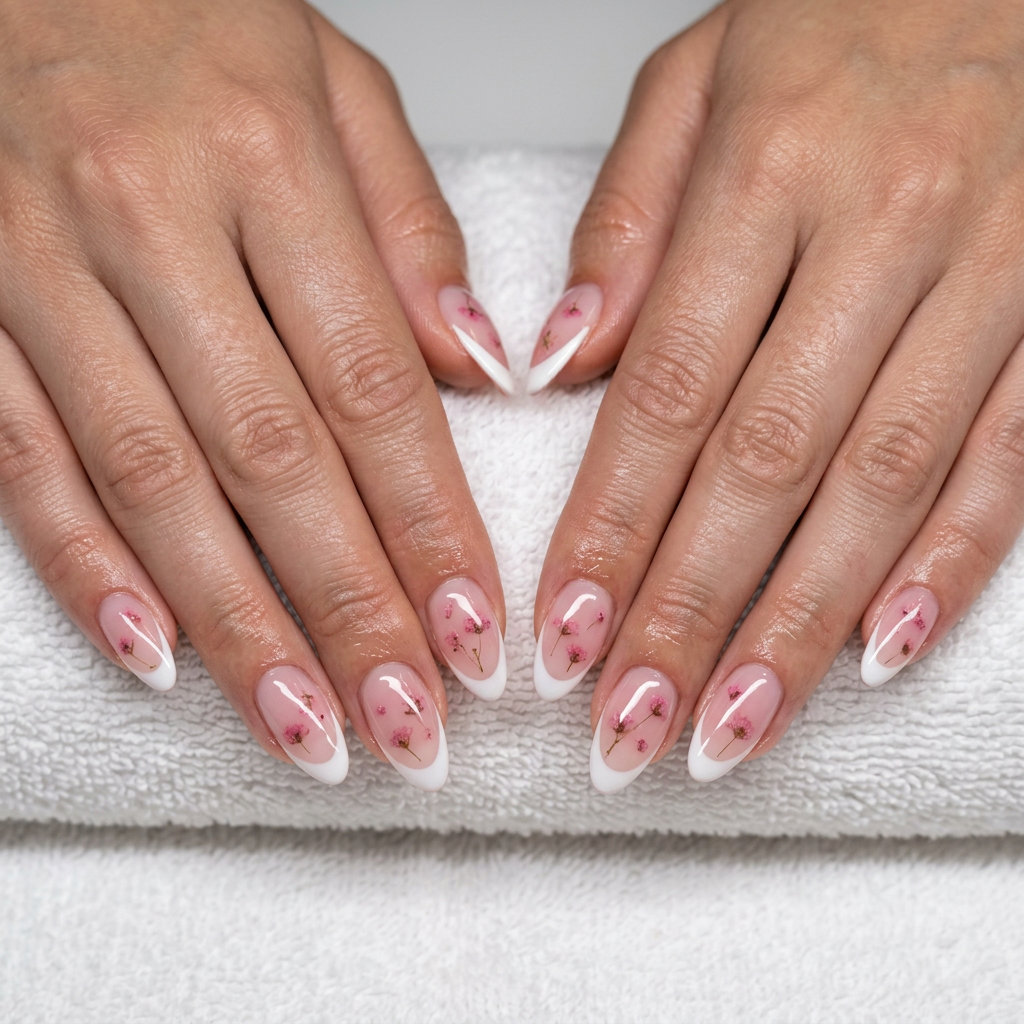 Romantic sheer pink milk bath French tip nails for summer 2026 weddings and garden parties.