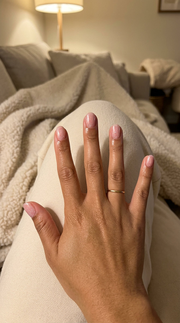 Cherry Blossom Shimmer Bouquet nails: soft pink gel with iridescent glitter for spring events and weddings. Summer fruits nail art 2026.